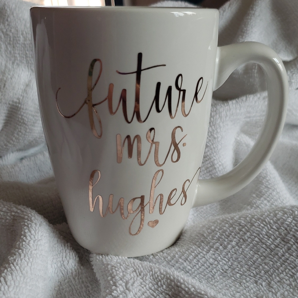 White Ceramic Mug with Rose Gold Script — Future Mrs. Design